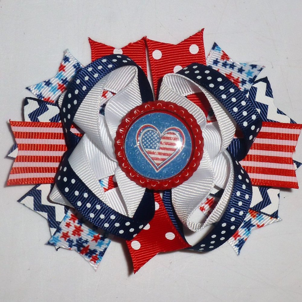 4th of July Patriotic Heart Girls 5-Inch Hair Bow Clip